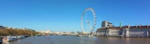 Ferris Wheel Collection: Panoramic view of London Eye, London County Hall building, River Thames, London, England