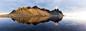 South Iceland Prints: Panoramic view of mountains of Vestrahorn and perfect reflection in shallow water