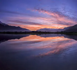 Natural Reserve Prints: Panoramic view of Pian di Spagna flooded with snowy peaks reflected in the water at sunset