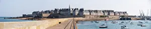 Walled Prints: Panoramic view of Saint-Malo harbor and walled city from Mle des Noires pier in France