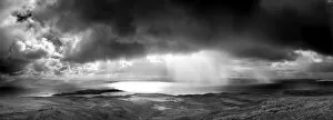 Images Dated 28th September 2008: Panoramic view from An Sgurr on the Isle of Eigg, looking towards a storm over the sea between Eigg