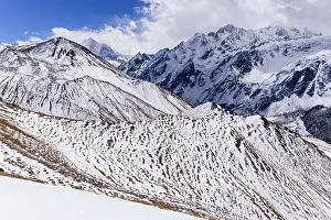 Routes Prints: Panoramic view of snow-covered Tserko and other summits near, Langtang Valley, Nepal