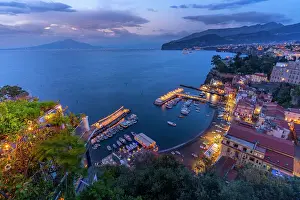 Sorrento Prints: Panoramic view of Sorrento, Mount Vesuvius and Bay of Naples at dusk