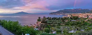 Sorrento Prints: Panoramic view of Sorrento, Mount Vesuvius and Bay of Naples at sunset