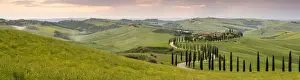 Asciano Prints: Panoramic view of sunset over the Agriturismo Baccoleno and winding path with cypress trees