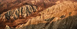 Badlands Prints: Panoramic view at sunset on badlands, Emilia Romagna, Italy, Europe