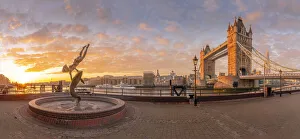 Bascule Bridge Prints: Panoramic view of Tower Bridge, Girl with Dolphin, The Shard and River Thames at sunrise