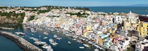 Romantic Prints: Panoramic view of town, colourful houses and sea