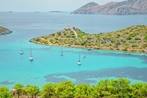 Sailboats Prints: Panormitis bay, high angle view, Panormitis, Symi Island, Dodecanese Islands, Greece