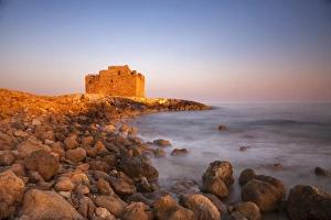 16th Century Prints: Paphos Castle with rocky shoreline, Paphos harbour, Cyprus, Mediterranean, Europe