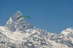 Unrecognisable Person Prints: A paraglider hangs in the air with the dramatic peak of Machapuchare (Fishtail mountain)