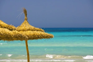 Rethymno Prints: Parasols on beach, Rethymno, Crete, Greek Islands, Greece, Europe
