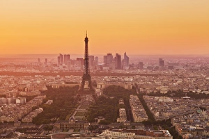 La Defense Prints: Paris skyline at sunset with the Eiffel Tower and La Defense, Paris, France, Europe