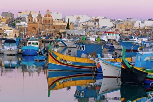 Marsaxlokk Prints: Parish Church of Our Lady of Pompei and Fishing Harbour, Marsaxlokk, Malta