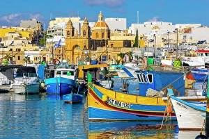 Marsaxlokk Prints: Parish Church of Our Lady of Pompei and Fishing Harbour, Marsaxlokk, Malta