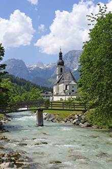 Typically German Prints: Parish Church against Reiteralpe, Ramsau, Upper Bavaria, Bavaria, Germany, Europe