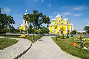 Moldova Prints: Park before the Russian Orthodox Church building in the center of Comrat capitol of republic of Gagauzia