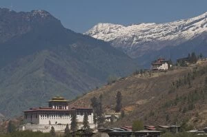 Images Dated 12th April 2009: The Paro Tsong, old castle, with the Himalaya mountains in the background, Bhutan, Asia
