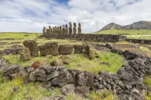 Art And Craft Prints: Partial moai heads in a circle at the 15 moai restored ceremonial site of Ahu Tongariki