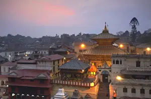 Hindu Prints: Pashupatinath Temple at dusk, UNESCO World Heritage Site, Kathmandu, Nepal, Asia