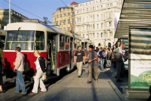 Czech Prints: Passengers and trams at namesti Miru (square), Vinohrady, Prague, Czech Republic, Europe