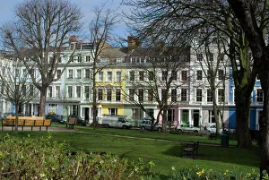 The pastel-coloured houses of Chalcot Square, near Primrose Hill, London