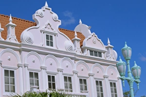 Aruba Prints: Pastel facade of mock Dutch colonial building, Oranjestad, Aruba, Antilles