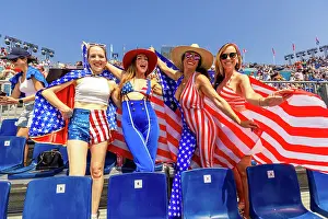 Stadium Prints: Patriotic American Woman jumping and cheering for Team USA