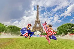 Beautiful Day Prints: Patriotic American Woman jumping and cheering for Team USA