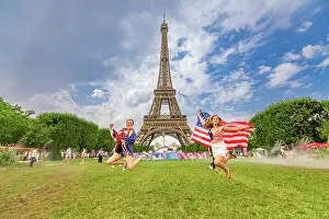 Day Trip Prints: Patriotic American Woman jumping and cheering for Team USA