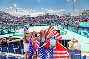Patriotism Prints: Patriotic American Woman jumping and cheering for Team USA