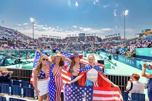 Stadium Prints: Patriotic American Woman jumping and cheering for Team USA