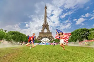 Friendship Prints: Patriotic American Woman jumping and cheering for Team USA