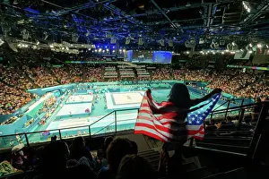 Vibrant Atmosphere Prints: Patriotic American Women cheering on team usa gymnastics at the Paris 2024 Olympics