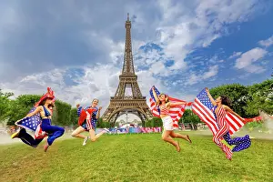 Costumes Prints: Patriotic American Women Jumping and cheering at the Paris 2024 Olympics