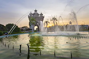 Laos Prints: Patuxai (Victory Gate), a war monument, at sunset, Vientiane, Laos, Indochina