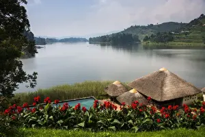 Pavilion and flowers at a viewpoint overlooking Lake Bunyonyi, Uganda, East Africa, Africa
