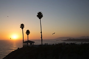 Pavilion and palm trees looking out to sea at sunset, Pismo Beach, San Luis Obispo County, California, United States of America, North America
