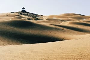 A pavilion at Tengger desert sand dunes in Shapotou near Zhongwei, Ningxia Province