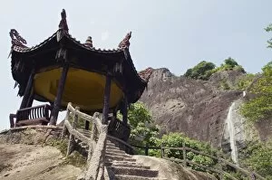 Pavilion and waterfall at Tianyou Feng Heavenly Tour Peak in Mount Wuyi National Park