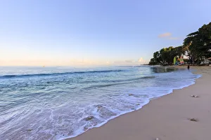 Barbados Prints: Paynes Bay, at dawn, turquoise sea, sail boats, fine pink sand beach