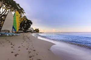 Barbados Prints: Paynes Bay at sunrise, colourful sail boats on pink sand beach, beautiful West Coast