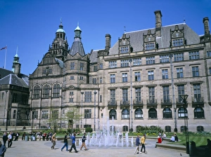 Civic Prints: Peace Gardens fountain and Town Hall, Sheffield, South Yorkshire, Yorkshire
