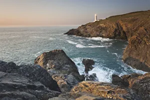 Towers Prints: A peaceful dusk on Cornwalls Atlantic coast, showing the lighthouse at Trevose Head