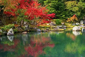 Stillness Prints: Peaceful pond reflecting autumn leaves and rocks in the serene gardens of Tenryu-ji Temple