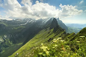 Typically Swiss Prints: Peak Santis seen from Schafler during summer, Appenzell Innerrhoden, Switzerland, Europe