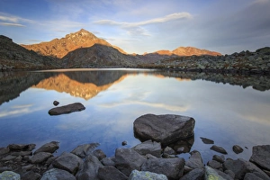 Alpenglow Prints: Peak Tambo reflected in Lake Bergsee at dawn, Chiavenna Valley, Spluga Valley, Switzerland