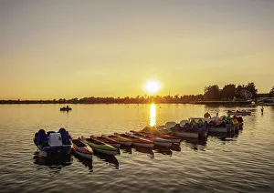 Canoe Prints: Pedalos at Firlej Lake at sunset, Lublin Voivodeship, Poland, Europe