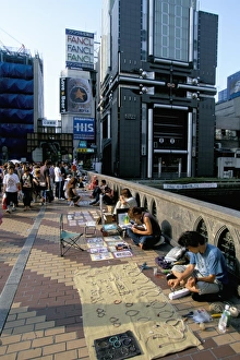 Street Vendor Prints: Pedestrian bridge with street traders on the Dotombori