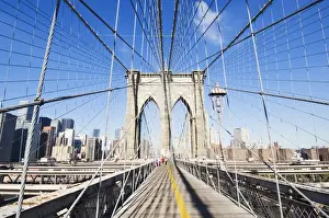 Pedestrian walkway on the Brooklyn Bridge looking towards Manhattan